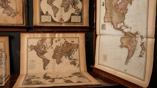 Antique Map Collection Displayed on a Wooden Table with Detailed Vintage Cartography

 photo