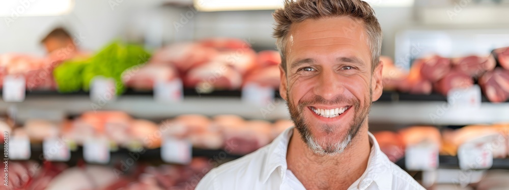 A man joyfully smiles at the camera, framed before a butcher's shop display brimming with meat selections and additional meats visible behind A man joyfully smiles at the camera, framed before a butcher's shop display brimming with meat selections and additional meats visible behind