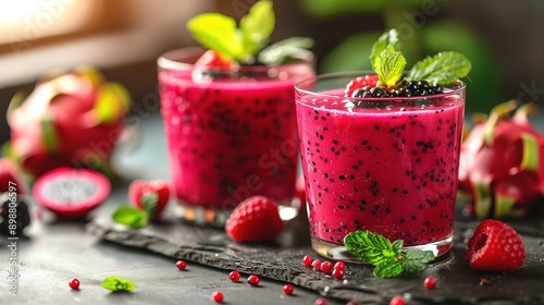  Two glasses of smoothie with berries and mint garnish on a black tray with other garnishes