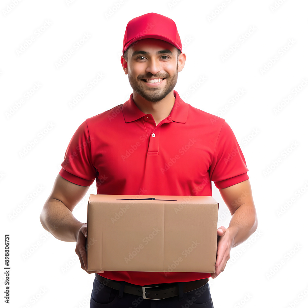 Male courier 25 years old in a red T-shirt and a red cap holds a cardboard box in his hands Male courier 25 years old in a red T-shirt and a red cap holds a cardboard box in his hands