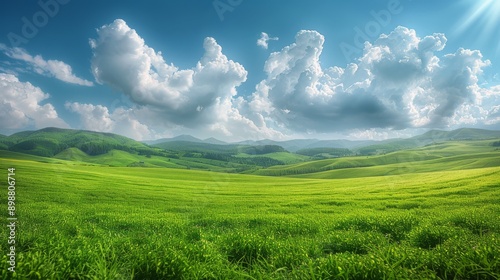 Sun Shining Over Green Field