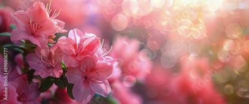 Close Up of Pink Azalea Flowers in Bloom With Sunlit Bokeh