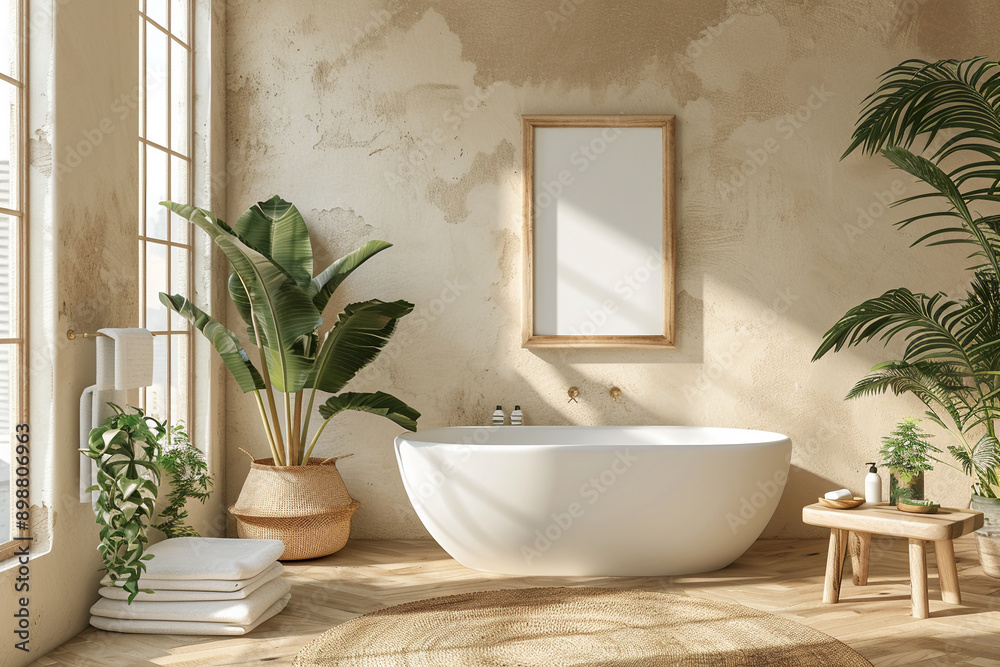 Bright Japandi bathroom light wood tones with empty frame Bright Japandi bathroom light wood tones with empty frame