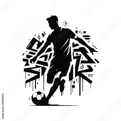 Soccer  male player in graffiti tags, street art pattern illustration, emblem shield badge