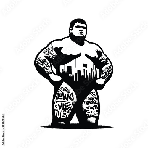 sumo  male player in graffiti tags, street art pattern illustration, emblem shield badge