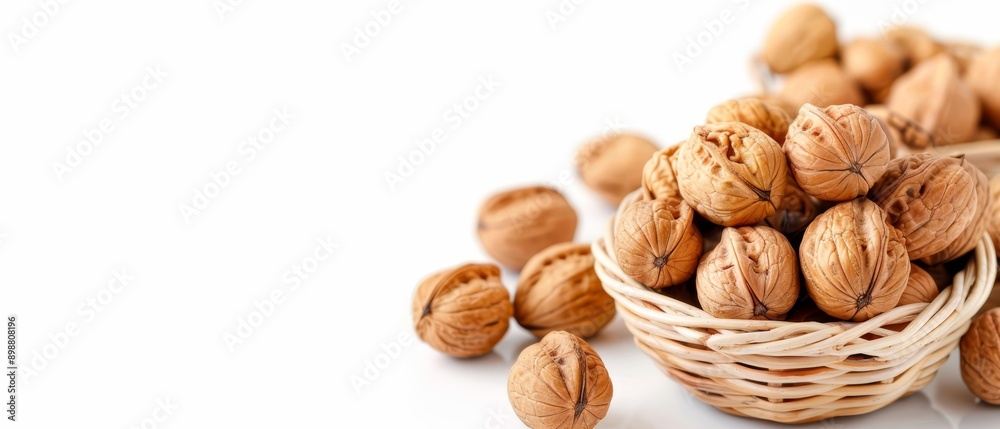 A table holds two baskets, one bearing almonds each Two baskets of almonds gracefully rest on a pristine table A table holds two baskets, one bearing almonds each Two baskets of almonds gracefully rest on a pristine table