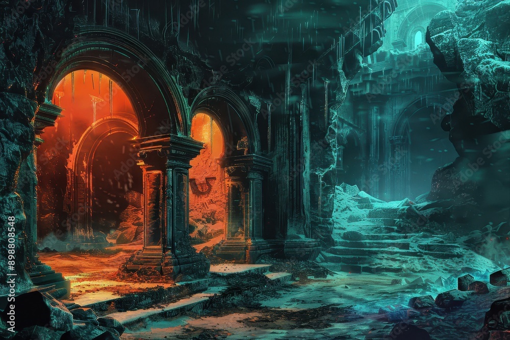 Ancient Temple Ruins with Fire and Ice Elements Ancient Temple Ruins with Fire and Ice Elements