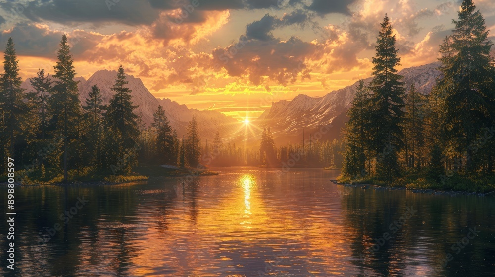 Scenic sunset over a tranquil lake surrounded by lush pine forest in autumn Scenic sunset over a tranquil lake surrounded by lush pine forest in autumn