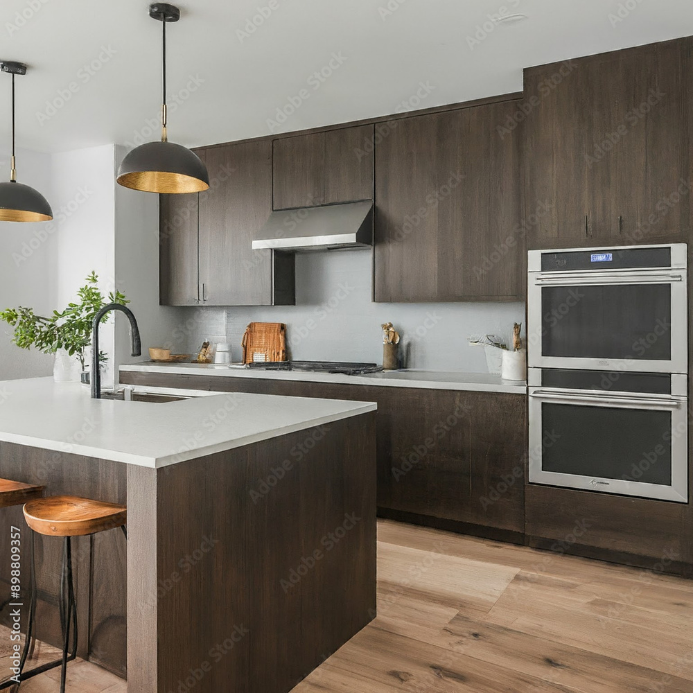 Stylish home kitchen interior with wooden cooking cabinet and panoramic window Stylish home kitchen interior with wooden cooking cabinet and panoramic window