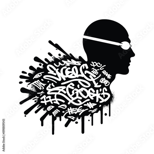 Swimming  male player in graffiti tags, street art pattern illustration, emblem shield badge