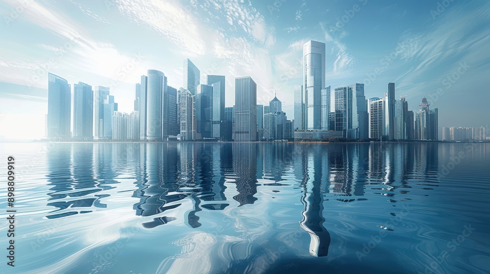 Fototapeta premium City skyline with tall buildings emerging through a layer of mist, reflected in the calm water under a blue sky with scattered clouds.