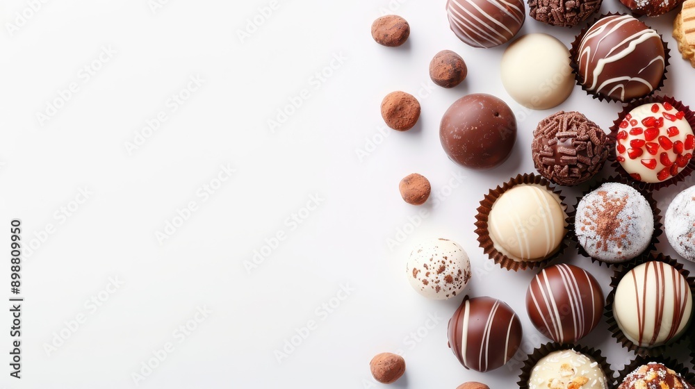 Assorted chocolate truffles and pralines arranged on a white background, isolated on white, highlighting their decorative toppings and varied textures. Assorted chocolate truffles and pralines arranged on a white background, isolated on white, highlighting their decorative toppings and varied textures.