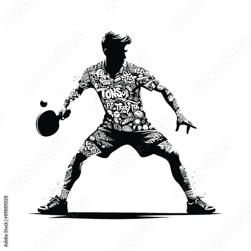 Tennis, table tennis  male player in graffiti tags, street art pattern illustration, emblem shield badge