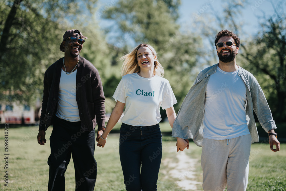 Carefree and happy, three friends enjoy a sunny day at an urban park, laughing as they walk hand in hand, embodying the joy of friendship and leisure. Carefree and happy, three friends enjoy a sunny day at an urban park, laughing as they walk hand in hand, embodying the joy of friendship and leisure.