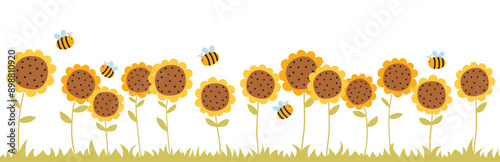 Panoramic autumn landscape. Cute background with sunflowers and bees. Vector illustration.