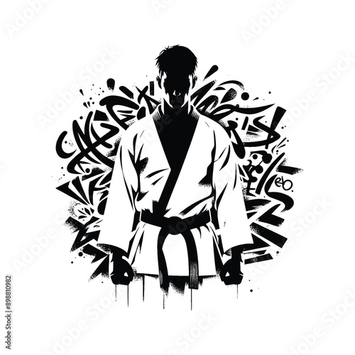 Judo , martial art ,  Karate , Taekwondo  male player in graffiti tags, street art pattern illustration, emblem shield badge
