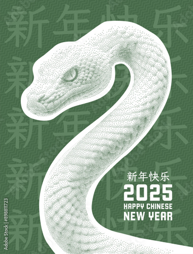 Happy Chinese New Year 2025 card design. Year of the Snake. Vector banner with trendy halftone elements. Vintage design for for postcard, poster, invitation. Chinese Translation : Happy New Year.