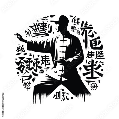 kungfu, Tai Chi  male player in graffiti tags, street art pattern illustration, emblem shield badge