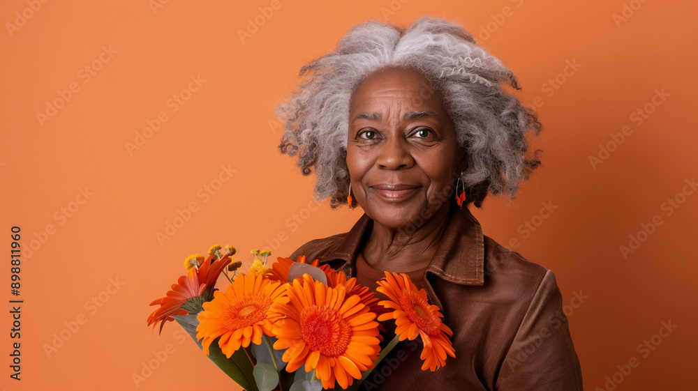 A portrait of a senior and South-African woman holding flowers; orange flowers, while smiling at the camera with an isolated orange background with copy space A portrait of a senior and South-African woman holding flowers; orange flowers, while smiling at the camera with an isolated orange background with copy space