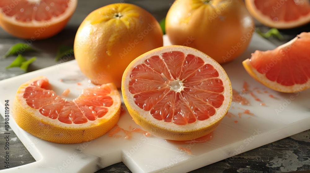 Fresh Grapefruit Slices On White Cutting Board Fresh Grapefruit Slices On White Cutting Board