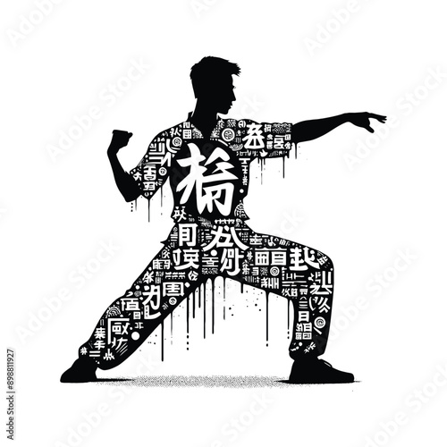 kungfu, Tai Chi  male player in graffiti tags, street art pattern illustration, emblem shield badge
