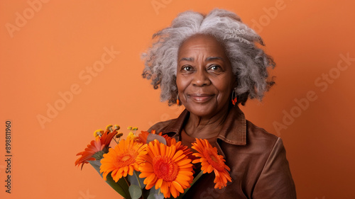 A portrait of a senior and South-African woman holding flowers; orange flowers, while smiling at the camera with an isolated orange background with copy space 