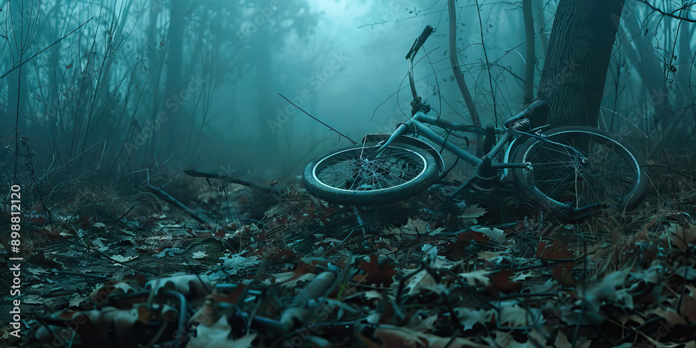 Obraz premium A Spooky Bike Accident: A child's bike lies abandoned in a spooky, foggy forest with a deflated tire and a missing training wheel