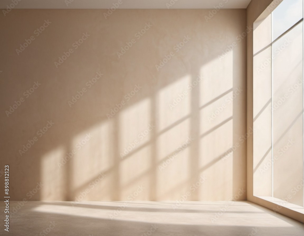 Beige wall and large window. Sunlight is streaming through window, casting long shadows on wall. Room is bright and airy, with clean, minimalist feel. Background for interior or product display Beige wall and large window. Sunlight is streaming through window, casting long shadows on wall. Room is bright and airy, with clean, minimalist feel. Background for interior or product display