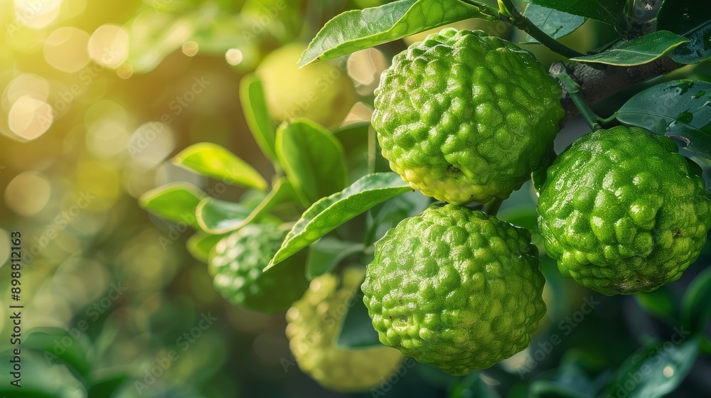 Fresh bergamot fruit hanging on tree branch in sunlit orchard Fresh bergamot fruit hanging on tree branch in sunlit orchard