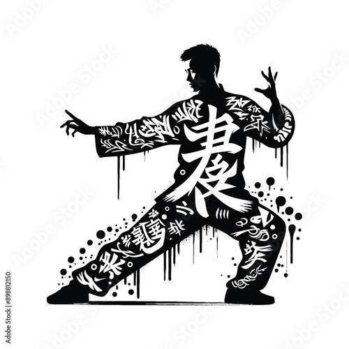 kungfu, Tai Chi  male player in graffiti tags, street art pattern illustration, emblem shield badge