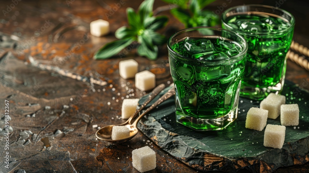Absinthe served with sugar cubes and spoon on rustic table Absinthe served with sugar cubes and spoon on rustic table