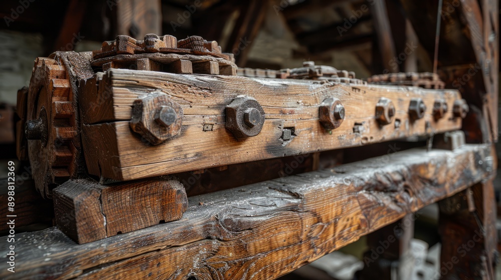 Fototapeta premium Antiquated wooden grain lifting mechanism in historic milling facility