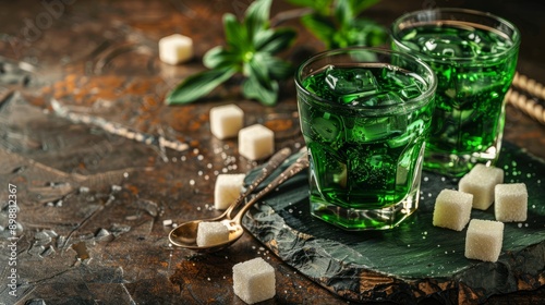 Absinthe served with sugar cubes and spoon on rustic table photo