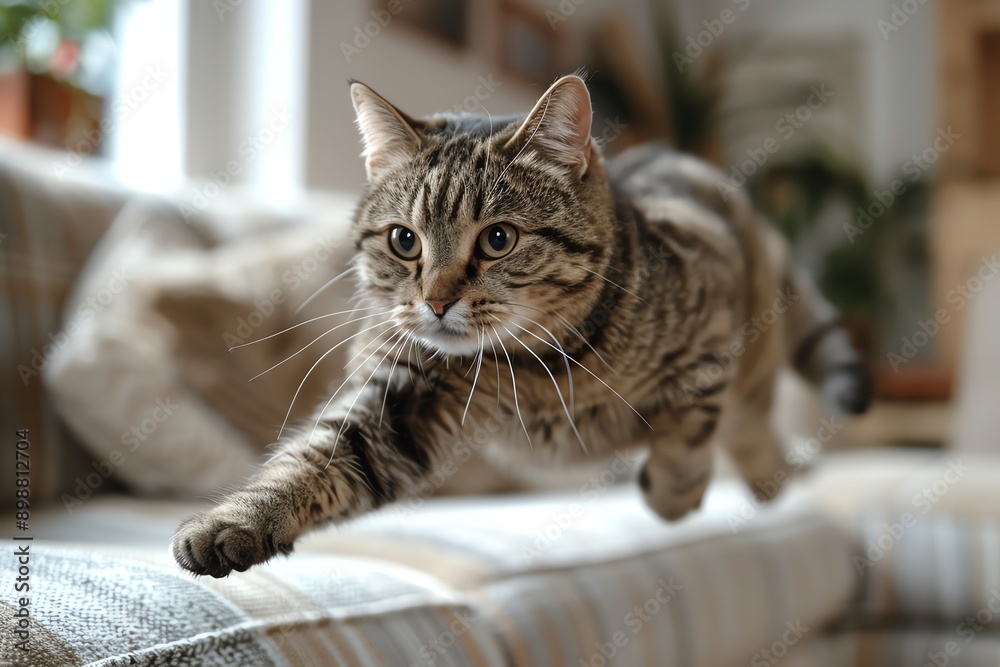 Energetic tabby cat mid-leap on a cozy couch, capturing a playful and active moment indoors with a homey background. Energetic tabby cat mid-leap on a cozy couch, capturing a playful and active moment indoors with a homey background.