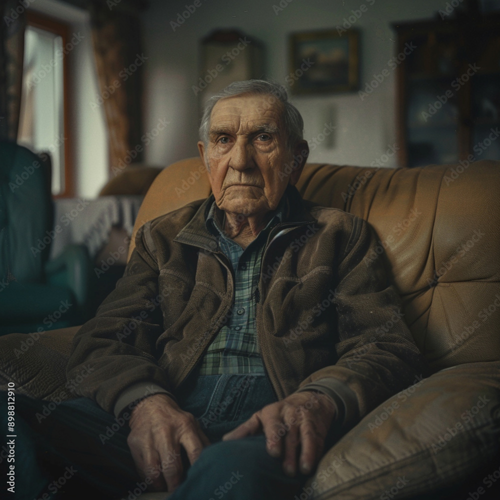 a 50 year old man, sitting in a living room alone looking directly at camera a 50 year old man, sitting in a living room alone looking directly at camera