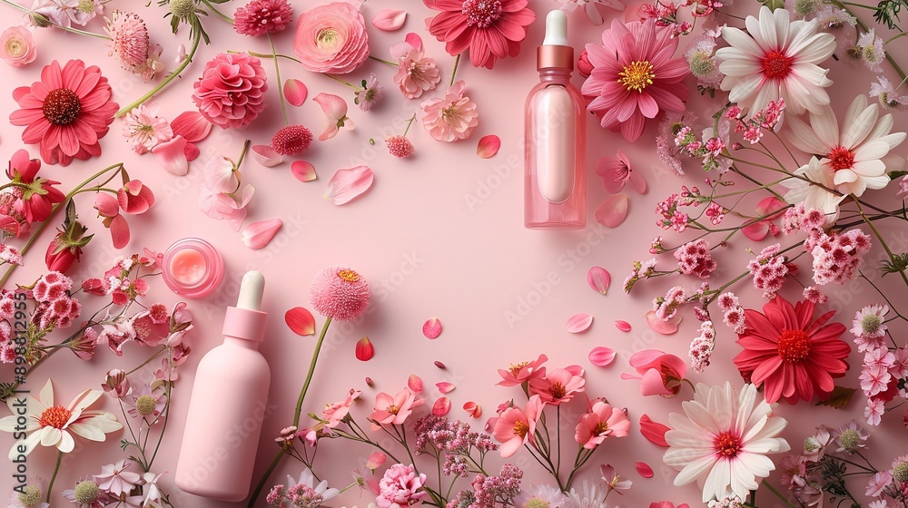 Beauty products with flowers on pink background. Flat lay composition with skincare bottles and floral arrangement. Springtime beauty and skincare concept for design and print. Beauty products with flowers on pink background. Flat lay composition with skincare bottles and floral arrangement. Springtime beauty and skincare concept for design and print.