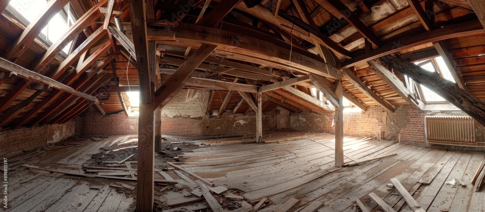 Abandoned Attic with Wooden Beams and Sunlight Abandoned Attic with Wooden Beams and Sunlight