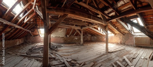 Abandoned Attic with Wooden Beams and Sunlight