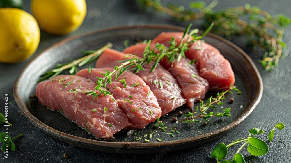 Fresh uncooked pork tenderloin fillet prepared for cooking with herbs and lemon Fresh uncooked pork tenderloin fillet prepared for cooking with herbs and lemon