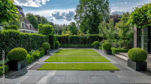 Fototapeta Naklejka Na Ścianę i Meble -  large green backyard lawn path in the garden of a luxury mansion blue sky background topiary fence 