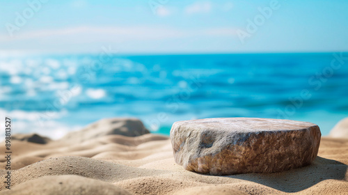 Empty stone podium on the  sandy beach against blurred sea background close up. Summer background for product presentation sales pedestal.