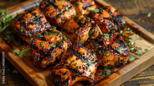 Grilled chicken tapaka served on a wooden platter photo