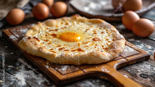 Traditional Ajarian khachapuri preparation with Suluguni cheese and egg yolk on a wooden table with a rolling pin photo