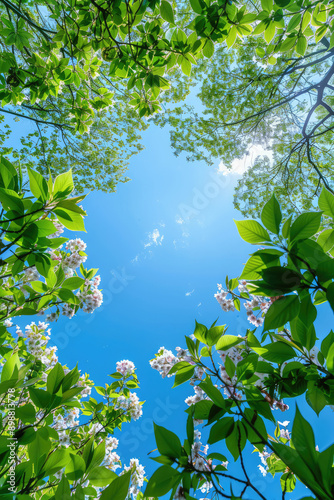 look up into the blue sunny sky and we see the top of the tall trees around us , some blossoms and some sun light thru the leaves  of the forest