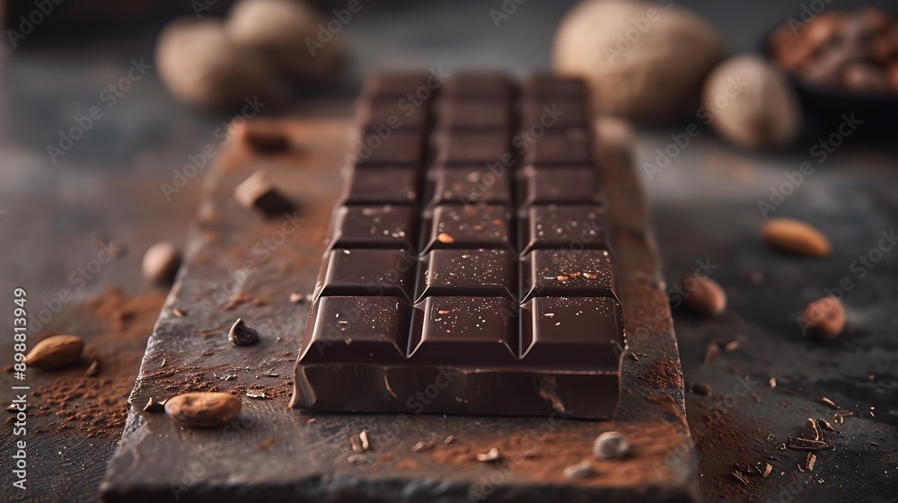 Dark chocolate bar with a rich, glossy finish Dark chocolate bar with a rich, glossy finish
