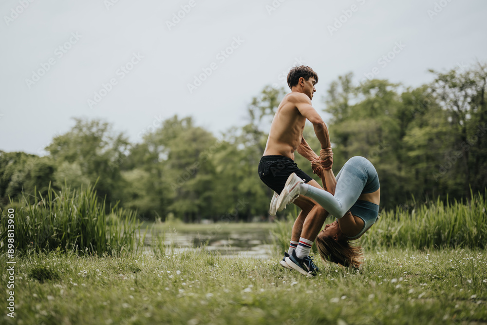 Fit sports partners perform flips in a park, helping each other with workout routines amidst natural greenery Fit sports partners perform flips in a park, helping each other with workout routines amidst natural greenery