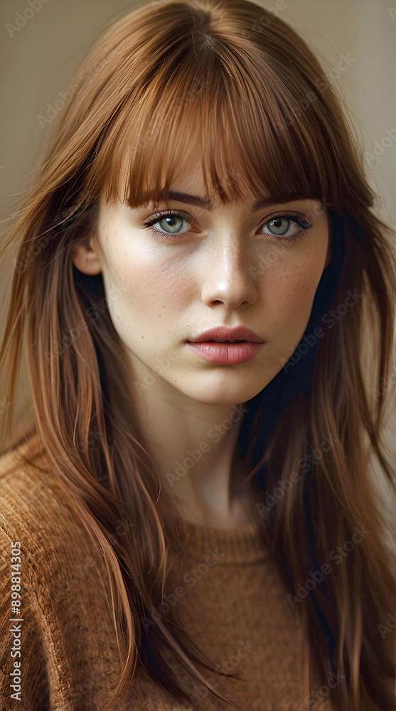 Close Up Portrait Young Lady Auburn Hair Blue Eyes Brown Sweater Neutral Beige Background