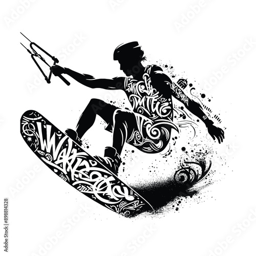 Kitesurfing, Wakeboarding   male player in graffiti tags, street art pattern illustration, emblem shield badge