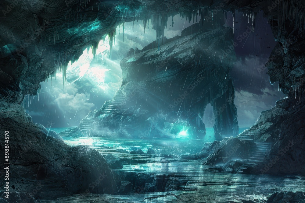 Mysterious glowing cavern with stone steps leading to a body of water Mysterious glowing cavern with stone steps leading to a body of water