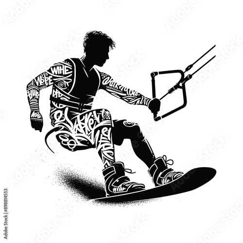 Kitesurfing, Wakeboarding   male player in graffiti tags, street art pattern illustration, emblem shield badge